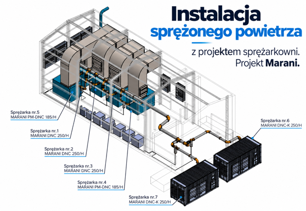 Instalacja sprężonego powietrza z projektem sprężarkowni